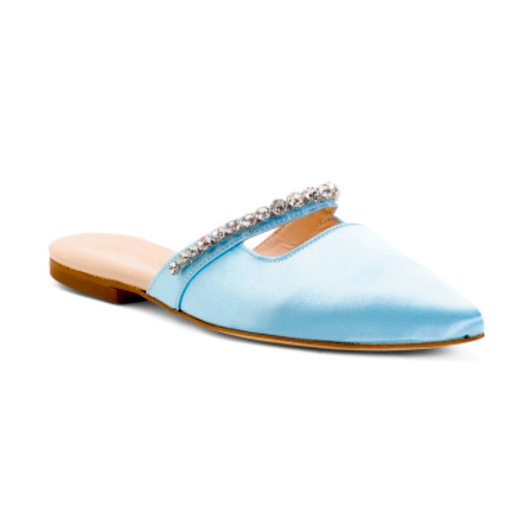 Beautiisoles by Robyn Shreiber NIB Sky Blue Embellished Nelia Silk Satin Flats